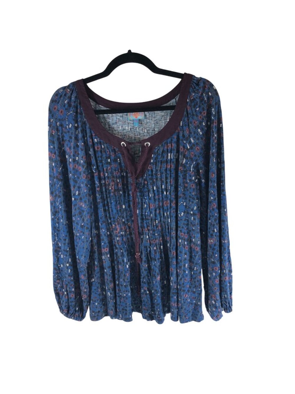 Plenty By Tracy Reese Blue Boho Floral Long-Sleeve Blouse Small Rayon Blend